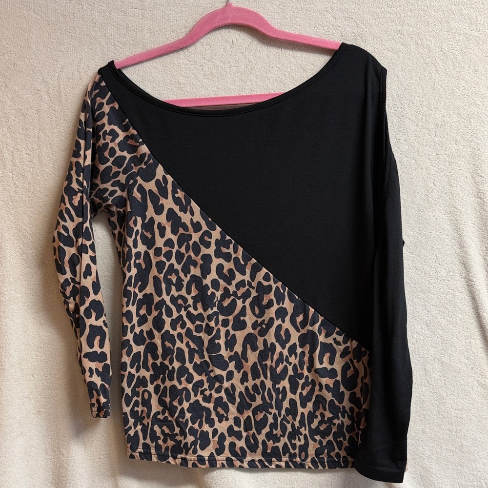 SHEIN Black and Tan Leopard Colorblock Long-Sleeve Top